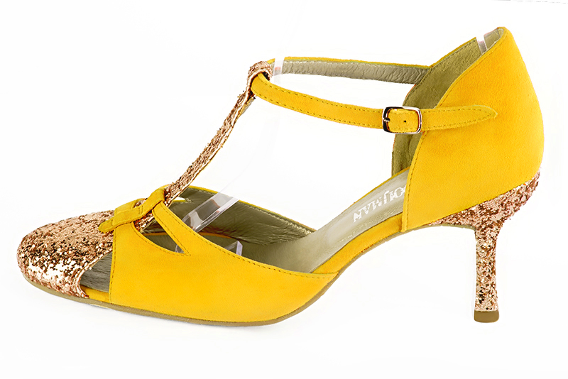 Copper gold and yellow women's T-strap open side shoes. Round toe. High slim heel. Profile view - Florence KOOIJMAN